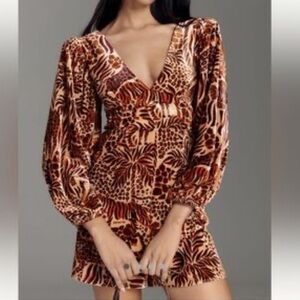 FARM Rio -Anthropologie  Brown  Printed Long-Sleeve V-Neck Romper Sz XL NWT